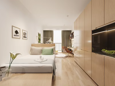 Modern Minimalist Bedroom Interior With Wooden Bed Cabinets Wall Art Natural Light And Curtains 3d model