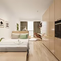 Modern Minimalist Bedroom Interior With Wooden Bed Cabinets Wall Art Natural Light And Curtains