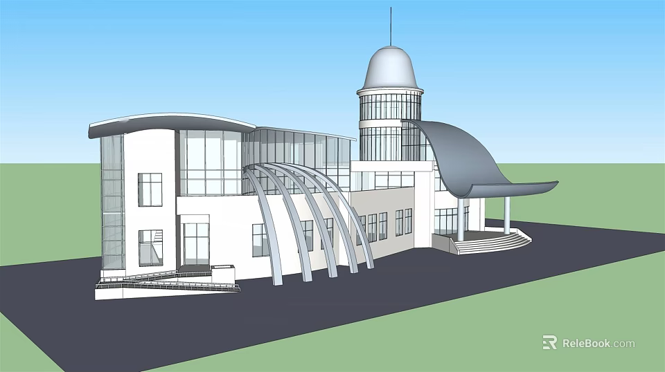 Modern Detached Villa With Glass Curtain Wall Curved Arch And Dome Tower 3d model 