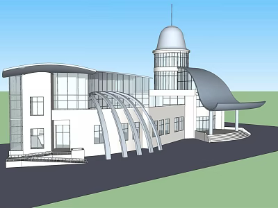 Modern Detached Villa With Glass Curtain Wall Curved Arch And Dome Tower 3d model