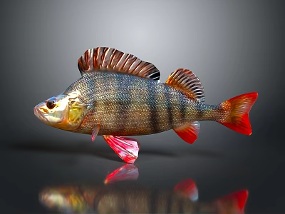 Colorful Striped Fish With Red Fins And Orange Body On Dark Background With Reflection 3d model