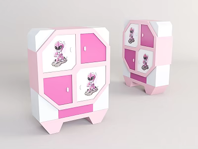 Pink And White Entryway Side Cabinet With Cute Cartoon Patterns Drawers And Doors 3d model