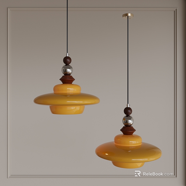 Two yellow disc shaped pendant lights with wooden and metal accents hanging in modern interior 3d model 