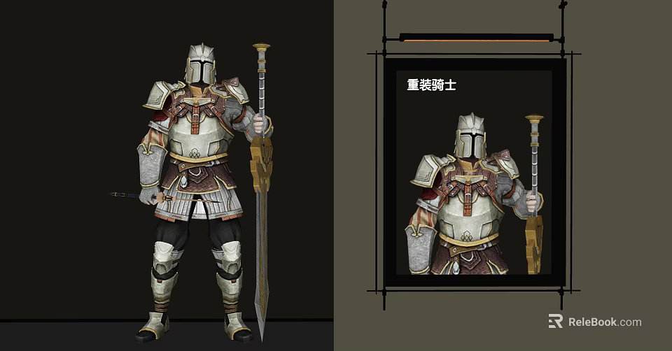 Decorative Picture Frame Showcasing Heavy Armored Knight with Spear and Sword 3d model 