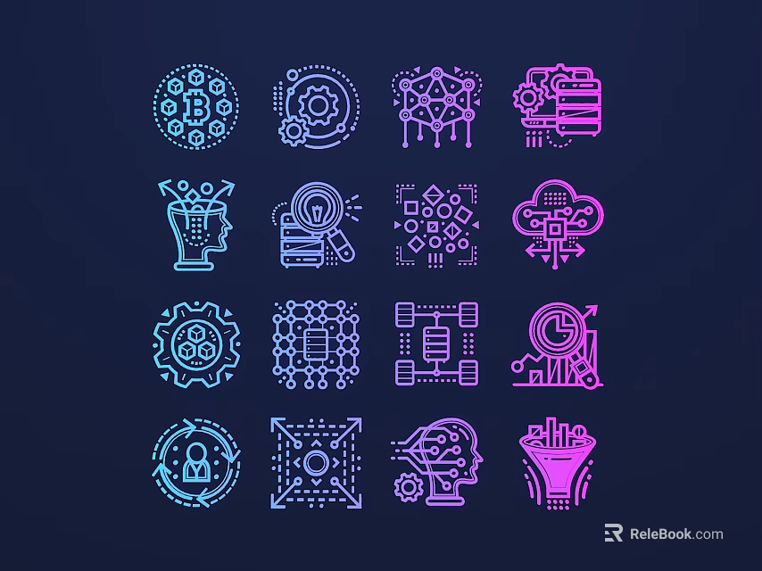 Tech Themed Line Style Icons Featuring Gear Brain Cloud And Chip Elements 3d model 