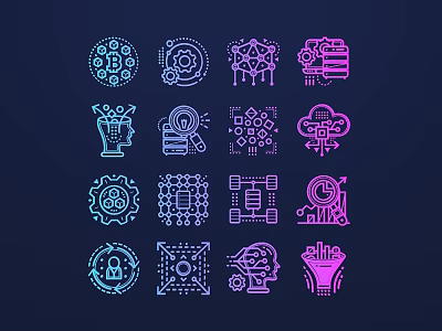 Tech Themed Line Style Icons Featuring Gear Brain Cloud And Chip Elements 3d model