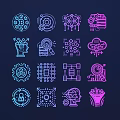 Tech Themed Line Style Icons Featuring Gear Brain Cloud And Chip Elements