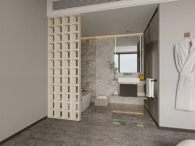 Hotel Guest Room Interior With Wooden Lattice Partition Marble Bathroom Wall Bathtub Mirror And Bathrobe 3d model