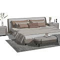 Modern Double Bed With Bedside Tables Pillows Striped Blanket Bench And Decorative Vases