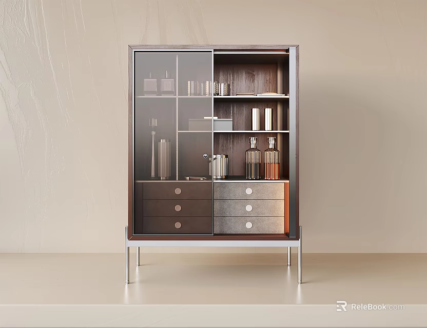 Modern Wine Cabinet with Glass Door Open Shelves and Drawers for Wine Storage 3d model 