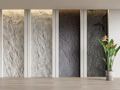 Textured Stone Background Wall With Light And Dark Panels And Potted Plant 3d model
