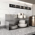 Modern Kitchen Interior With Metal Storage Shelf Plates Bowls And Wine Glasses