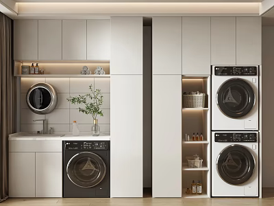 Modern White Bathroom Cabinet With Sink Washing Machine Dryer And Green Plant 3d model