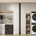 Modern White Bathroom Cabinet With Sink Washing Machine Dryer And Green Plant