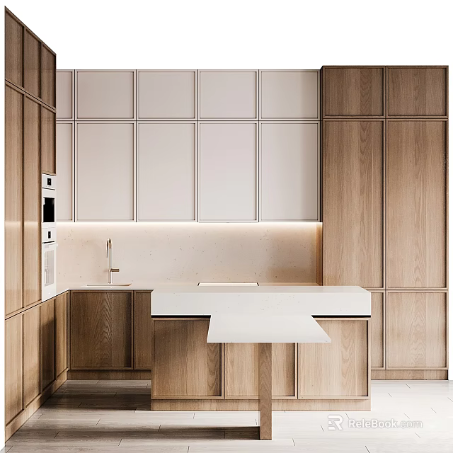 Modern Kitchen Interior With Wooden Cabinets White Countertop Sink And Lighting 3d model 