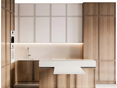 Modern Kitchen Interior With Wooden Cabinets White Countertop Sink And Lighting 3d model