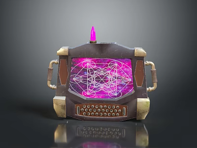 Steampunk Tech Console With Purple Glowing Screen Geometric Patterns Golden Handles And Pink Spire 3d model