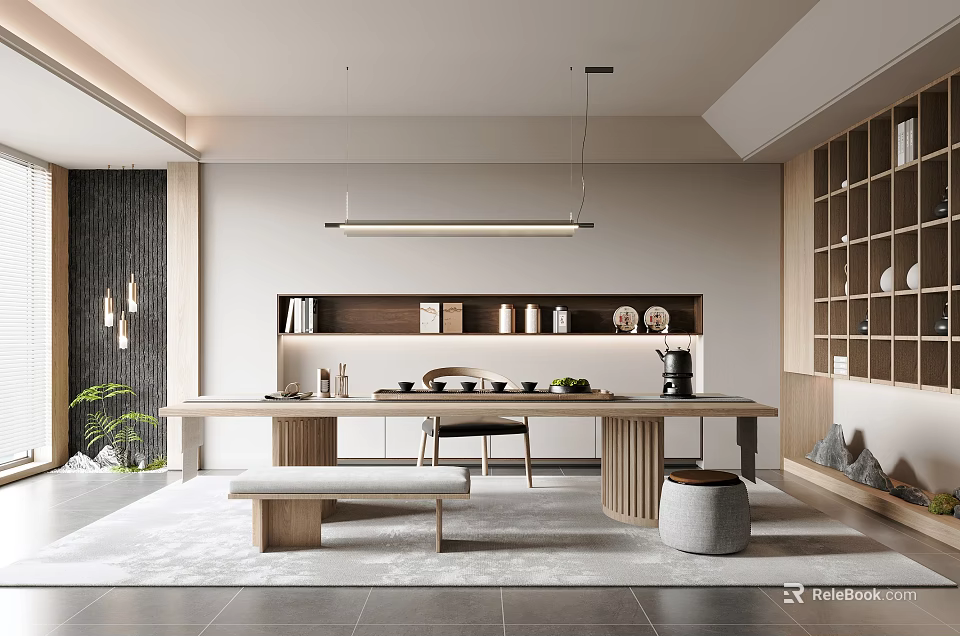 Modern Tea Room Interior With Wooden Table Tea Sets And Pendant Lights 3d model 