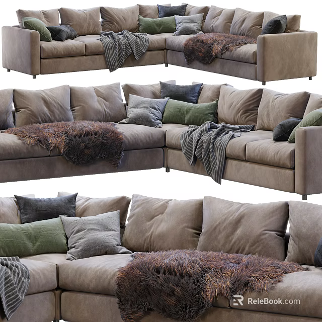 Upholstered Sectional Sofa With Various Colored Pillows And Soft Knit Blankets 3d model