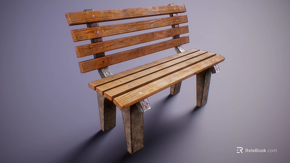 Natural Wooden Bench With Slatted Seat And Metal Brackets In Outdoor Scene 3d model 