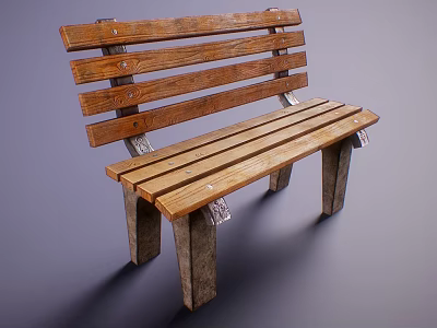 Natural Wooden Bench With Slatted Seat And Metal Brackets In Outdoor Scene 3d model