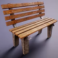 Natural Wooden Bench With Slatted Seat And Metal Brackets In Outdoor Scene