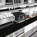 Functional Coffee Shop Counter With Marble Top Coffee Machine Display Shelves And Green Plant