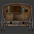 Vintage Wooden Carriage With Brown Roof Large Wheels Ladder Small Windows And Door