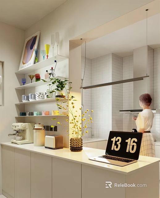 Modern Open Kitchen Interior With White Cabinets Island Coffee Machine And Yellow Flowers 3d model 