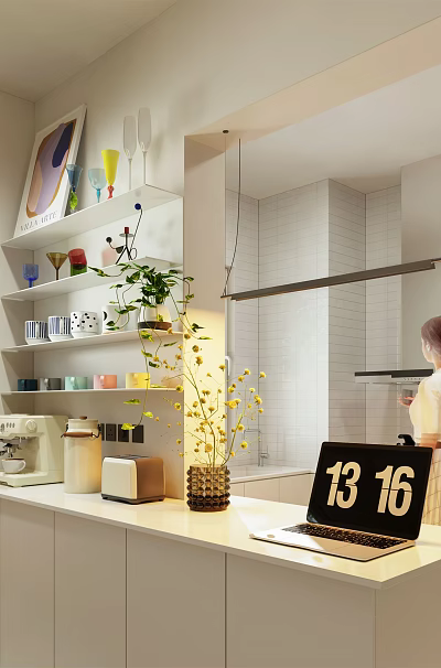 Modern Open Kitchen Interior With White Cabinets Island Coffee Machine And Yellow Flowers 3d model