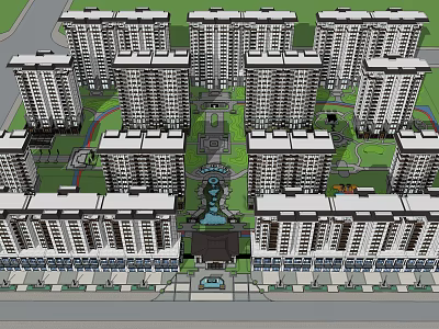 Aerial View Of Modern Residential Complex With High Rise Buildings And Landscaped Green Space 3d model