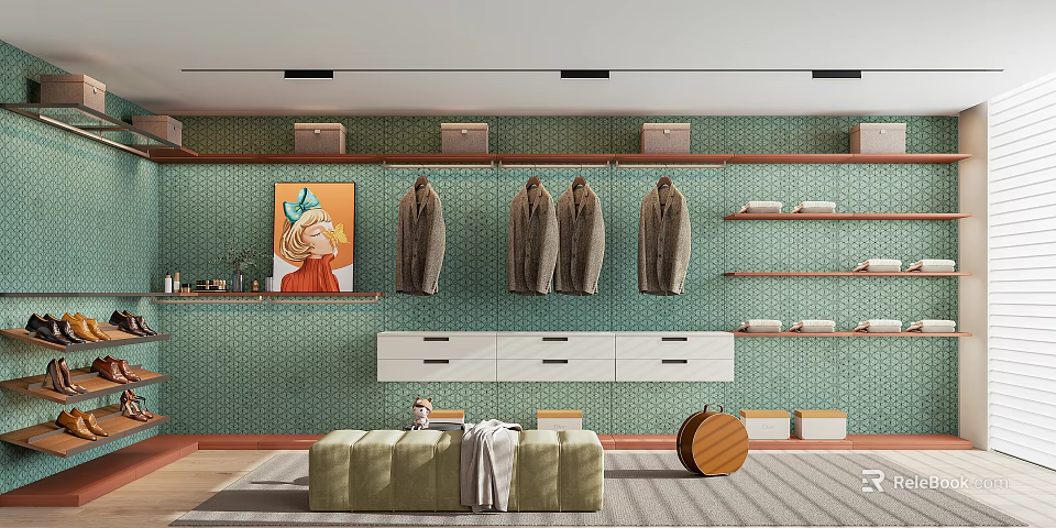 Walk in Closet Interior with Green Wall Hanging Coats Shelf Storage White Drawers Green Bench 3d model 