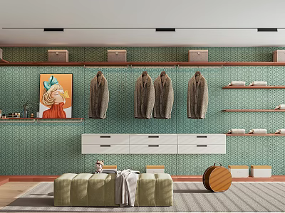 Walk in Closet Interior with Green Wall Hanging Coats Shelf Storage White Drawers Green Bench 3d model