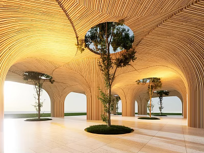 Garden Landscape Featuring Curved Wooden Arches Central Trees And Natural Light 3d model