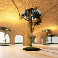 Garden Landscape Featuring Curved Wooden Arches Central Trees And Natural Light
