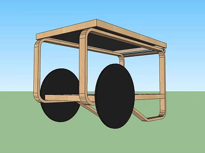 Wooden Mobile Dining Table With Black Wheels And Sturdy Frame Structure Design 3d model