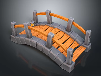 3D Model Arched Bridge Featuring Gray Stone Base And Orange Wooden Planks With Railings 3d model