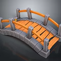 3D Model Arched Bridge Featuring Gray Stone Base And Orange Wooden Planks With Railings