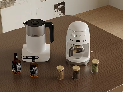 Modern White and Black Kitchen Appliances on Wooden Table with Condiments and Spice Jars 3d model
