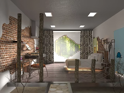 Hotel Guest Room With Brick Wall Wooden Floor Bed Curtains And Large Window View 3d model