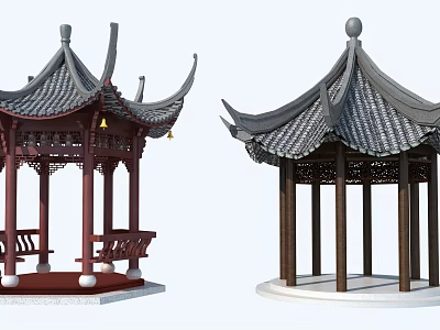 Traditional Chinese Pavilions With Curved Roofs Wooden Columns And Decorative Elements 3d model