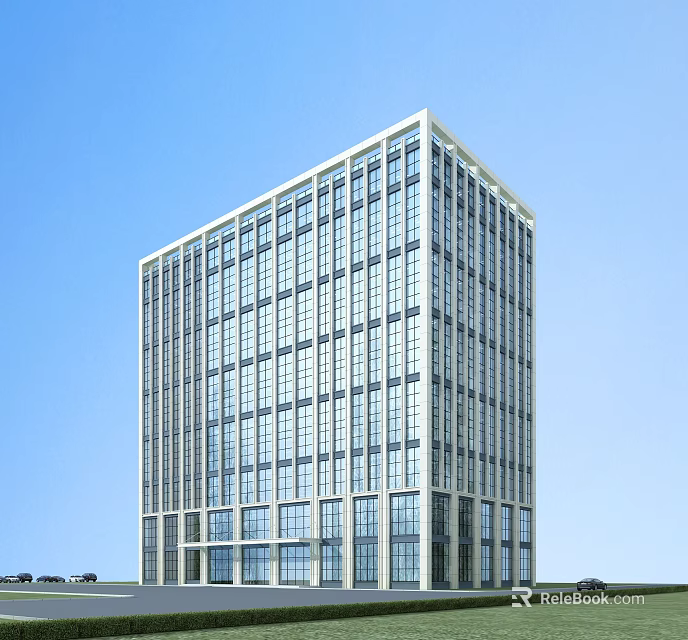 Modern High Rise Office Building With Glass Facade And Blue Sky Background Architecture 3d model 