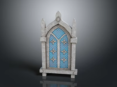Gothic Style Decorative Window With Stone Frame Blue Glass And Star Patterns 3d model
