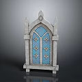 Gothic Style Decorative Window With Stone Frame Blue Glass And Star Patterns