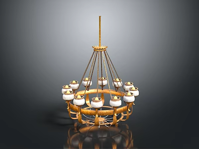 Golden Chandelier With Multiple White Lampshades And Elegant Metal Structure 3d model