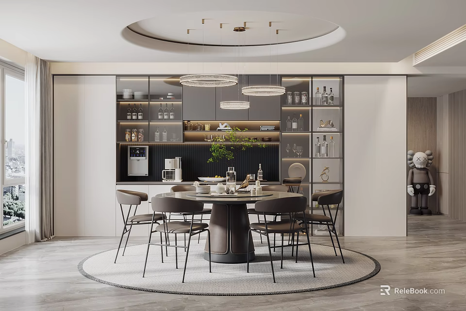 Elegant Modern Restaurant Interior With Round Dining Table Open Shelves And Chandeliers 3d model