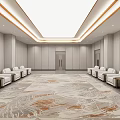 Spacious Modern Lobby With White Sofas Central Patterned Carpet And Ceiling Light Strips 3d model