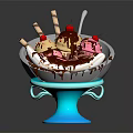 Delicious Ice Cream Sundae in Glass Bowl with Blue Base Chocolate Sauce and Cherries