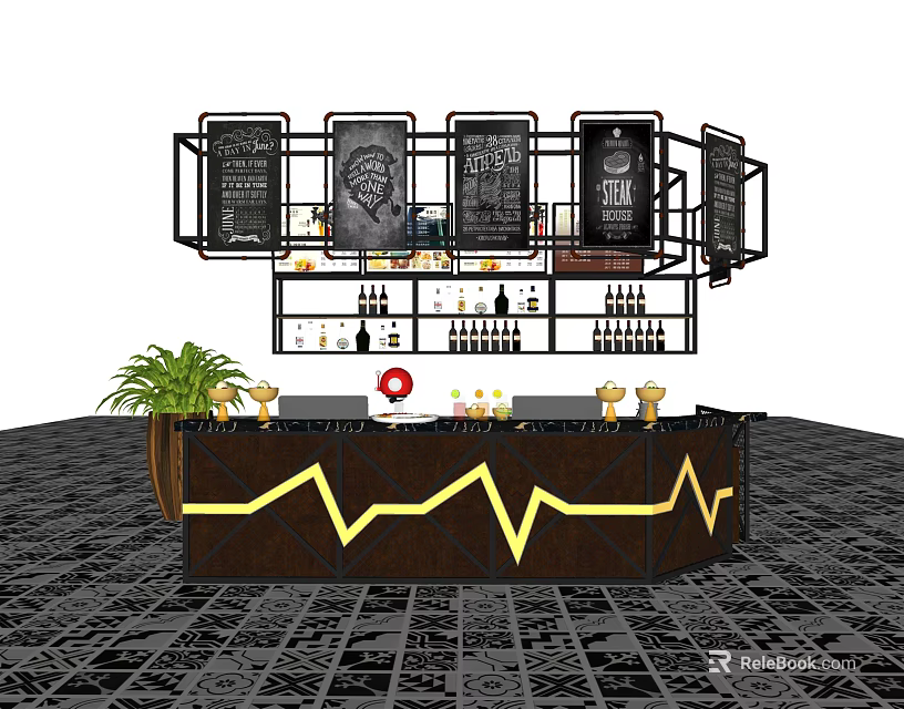 Dark Wood Bar Counter With Yellow Zigzag Design Black Shelves Wine Bottles Green Plant 3d model 