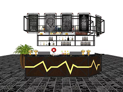 Dark Wood Bar Counter With Yellow Zigzag Design Black Shelves Wine Bottles Green Plant 3d model